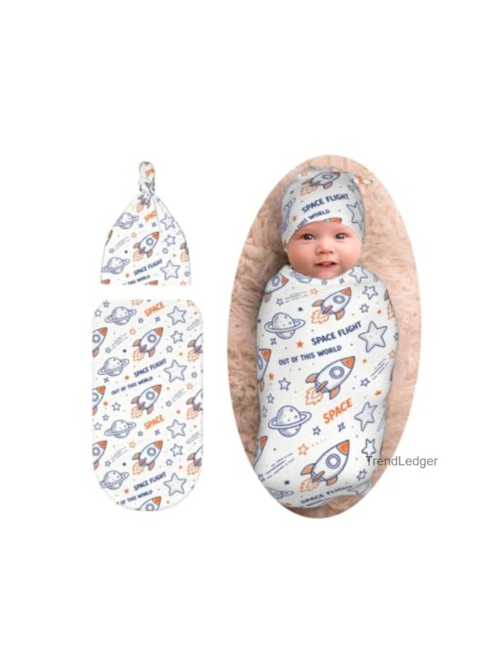 Space Swaddle Blanket with Beanie Set Soft Stretchy Cartoon Rocket